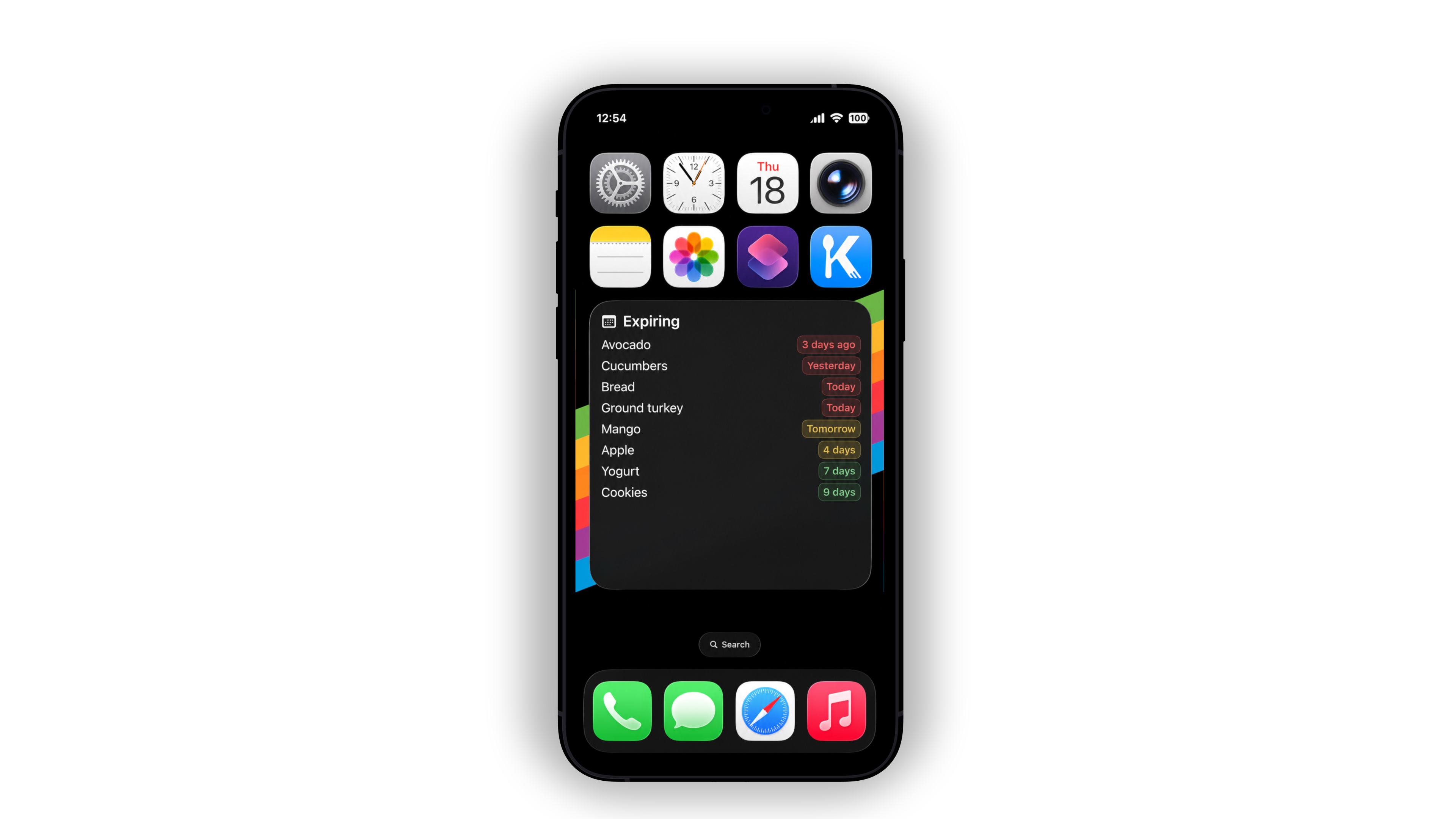 An iPhone home screen showing a KitchenKit widget with expiring groceries and dates.
