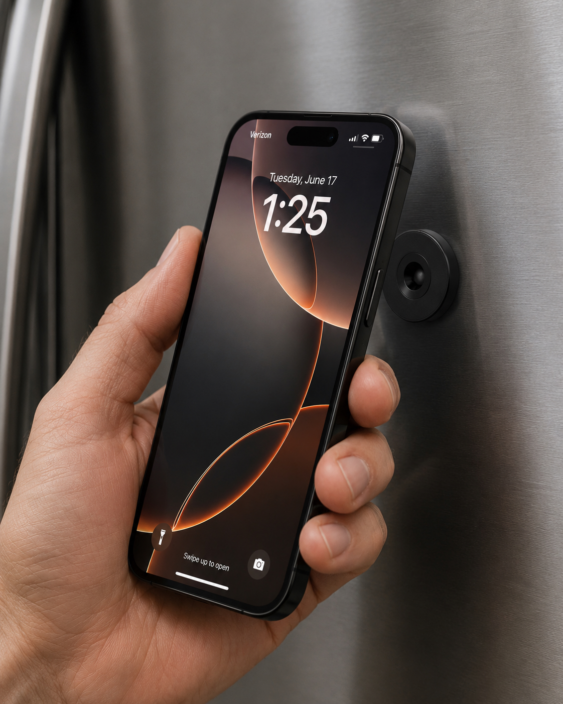 An iPhone held near an NFC tag mounted on a refrigerator.