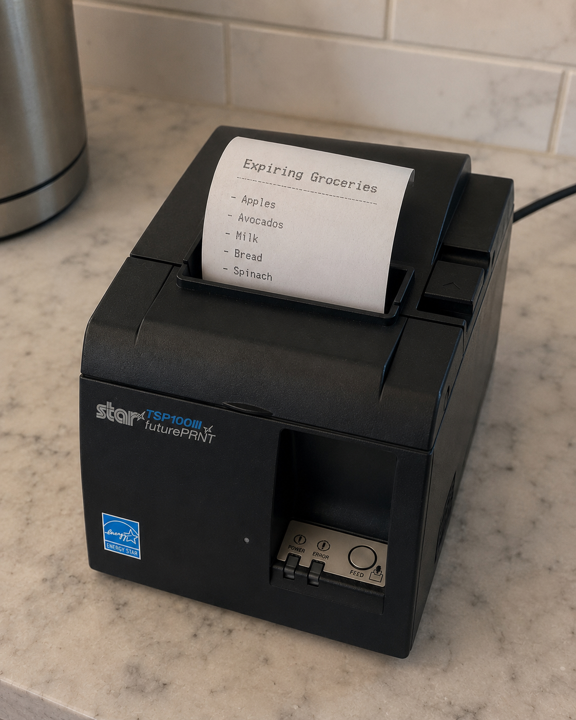 A Star Micronics receipt printer printing a list of expiring groceries.